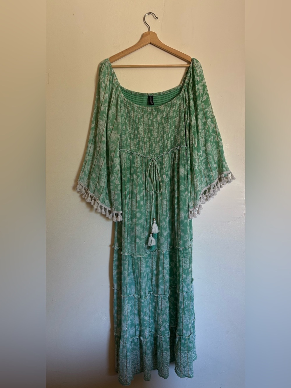 Me2Magic Anthropologie Boho Smocked Tassel Detail Tiered Maxi Dress